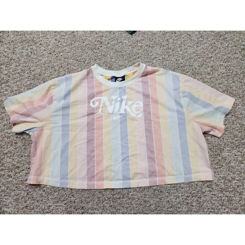 Nike‎ Womens 2X Cropped Tee Reverse Color Swoosh Logo Striped Retro